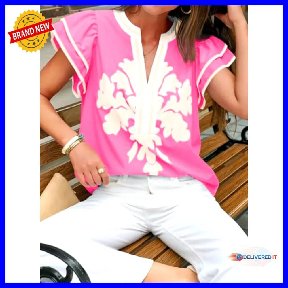 Ruffle Color Block Blouse Floral Print V Neck Pleated Loose Fit Summer Top - Picture 5 of 7